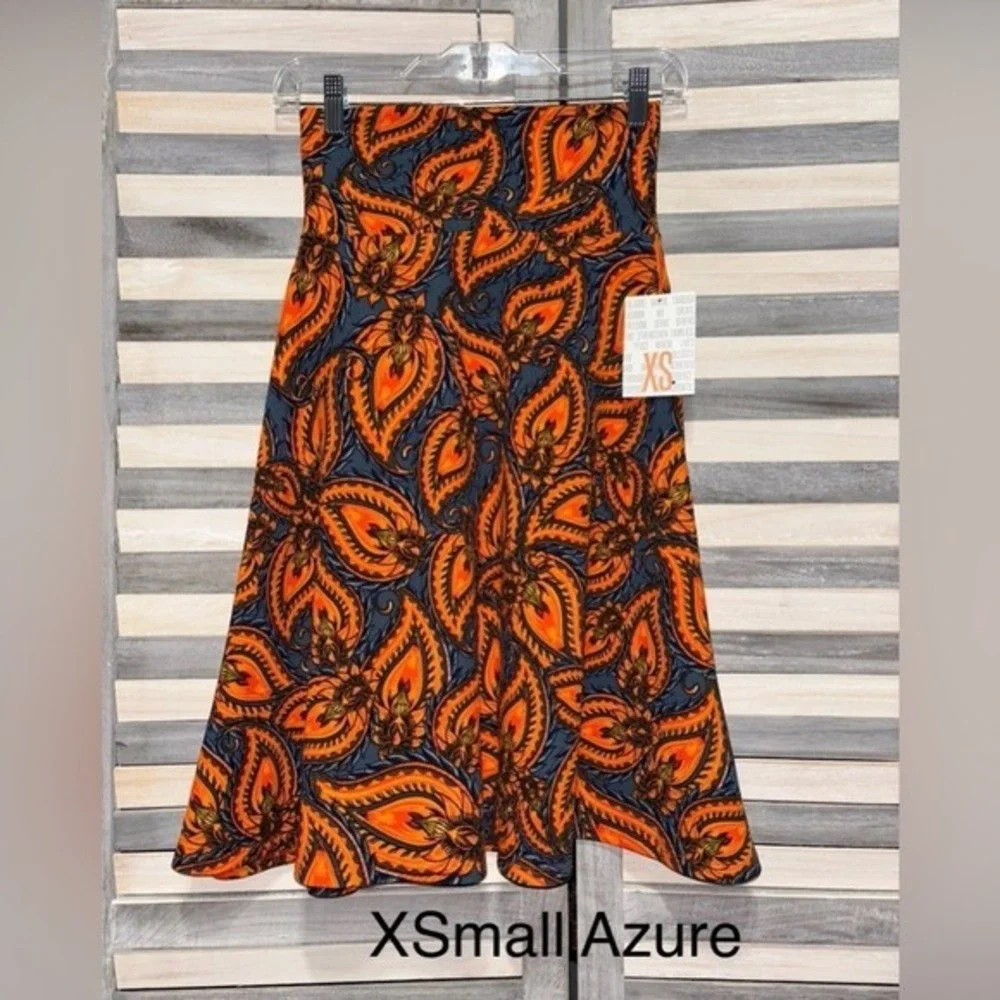 LuLaRoe Orange & Greyish-Blue Patterned Women's Wavy Skirt |‎ X-Small | BNWT